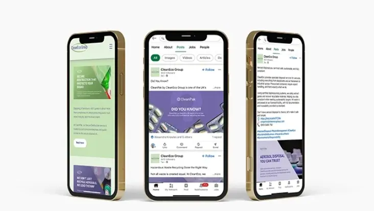 Screenshots of CleanEco content from their site and social medias.